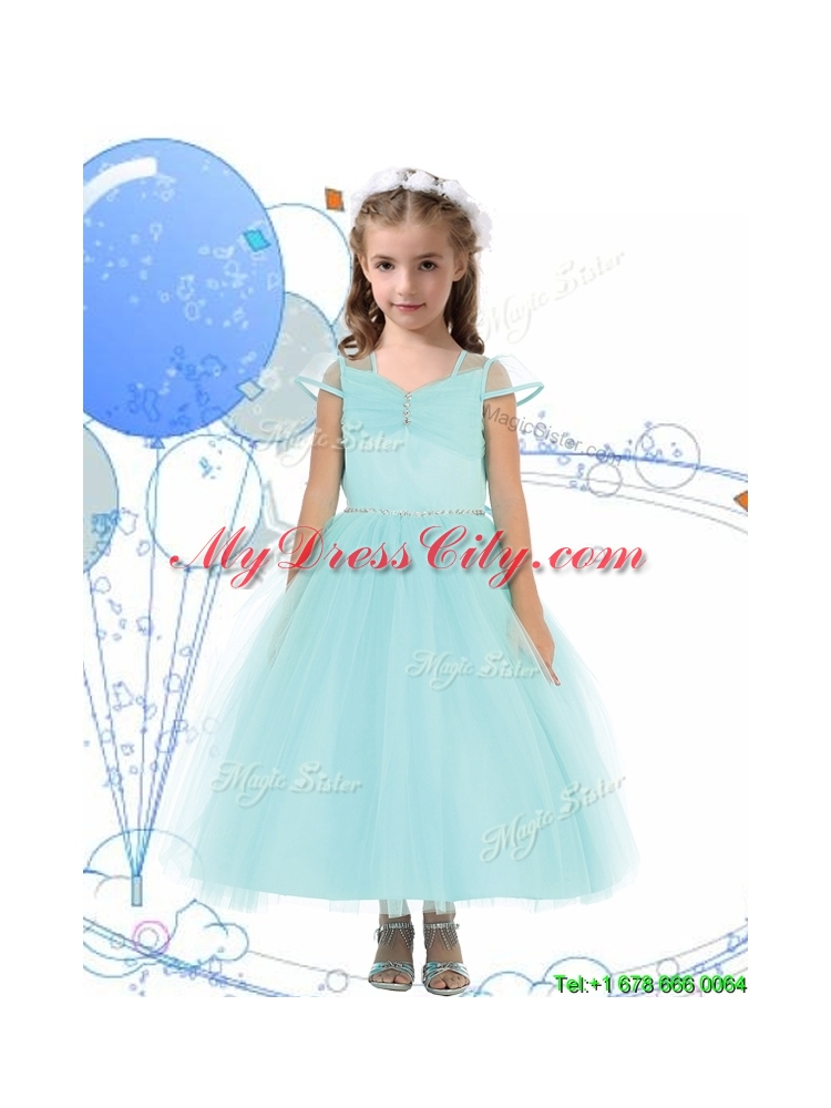 See Through Square Cap Sleeves Little Girl Pageant Dress with Beading