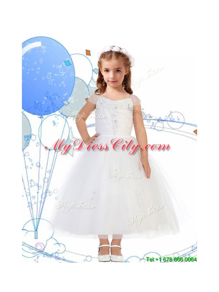 Top Selling Square Cap Sleeves Appliques Girls Party Dress in White