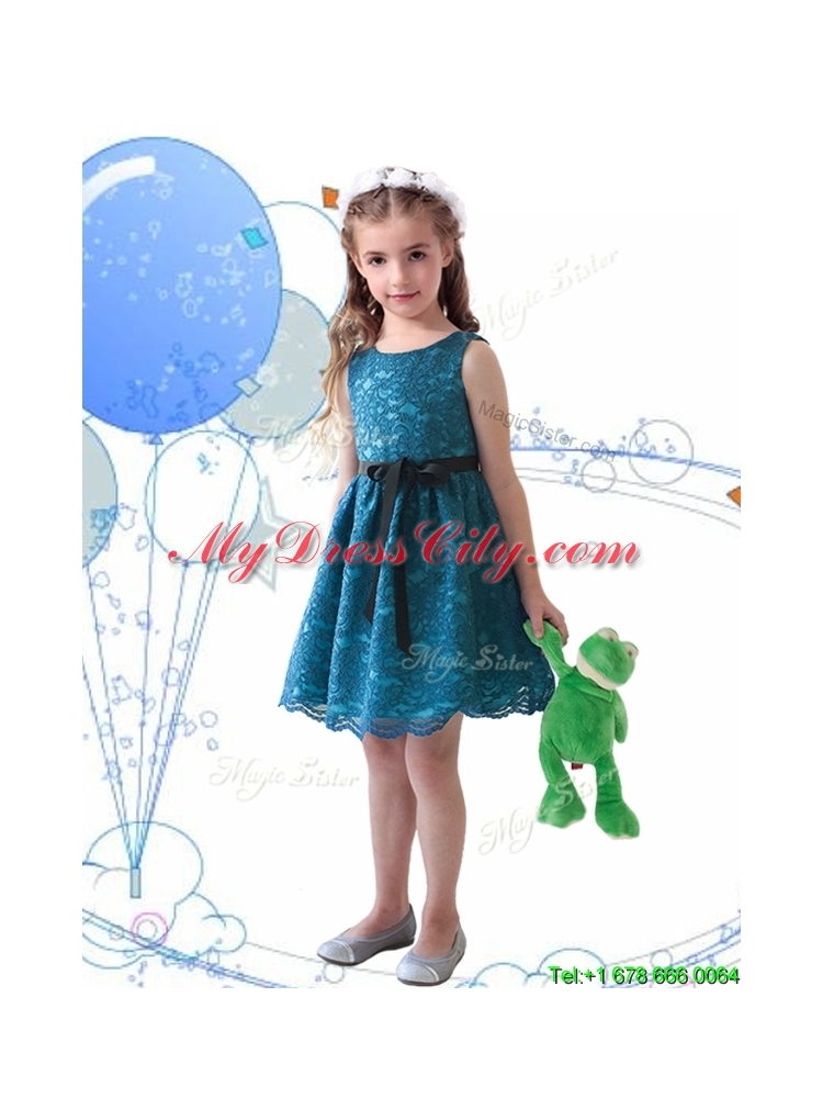 Wonderful Laced and Sashed Scoop Little Girl Pageant Dress in Teal