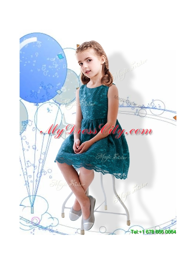 Wonderful Laced and Sashed Scoop Little Girl Pageant Dress in Teal