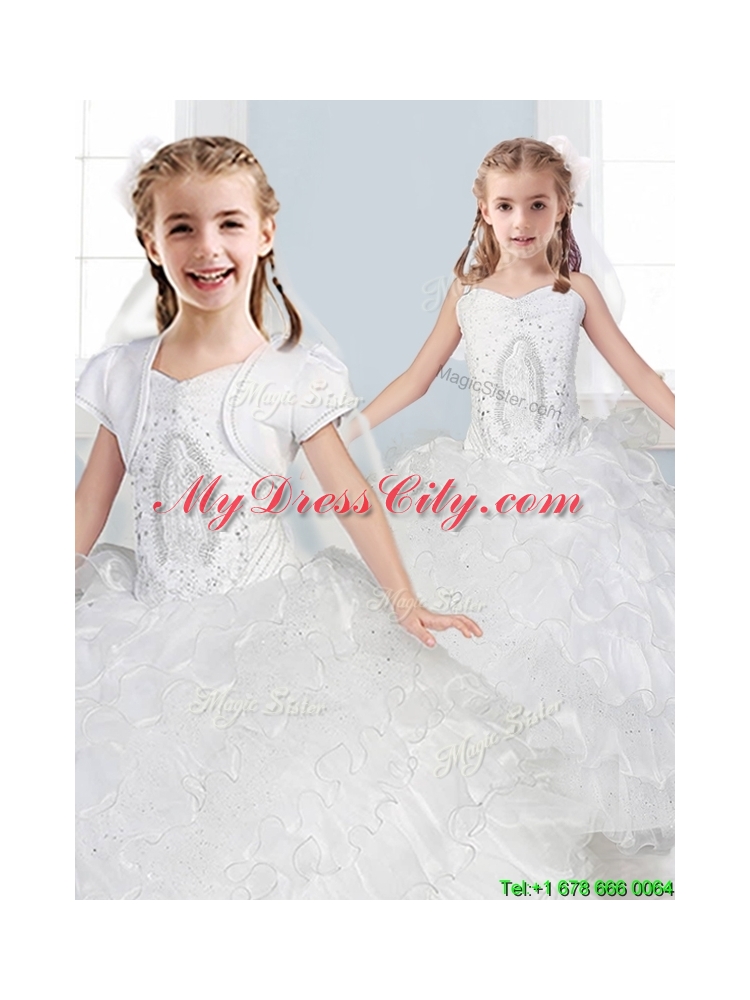 Affordable Spaghetti Straps Flower Girl Dress with Ruffled Layers and Embroidery