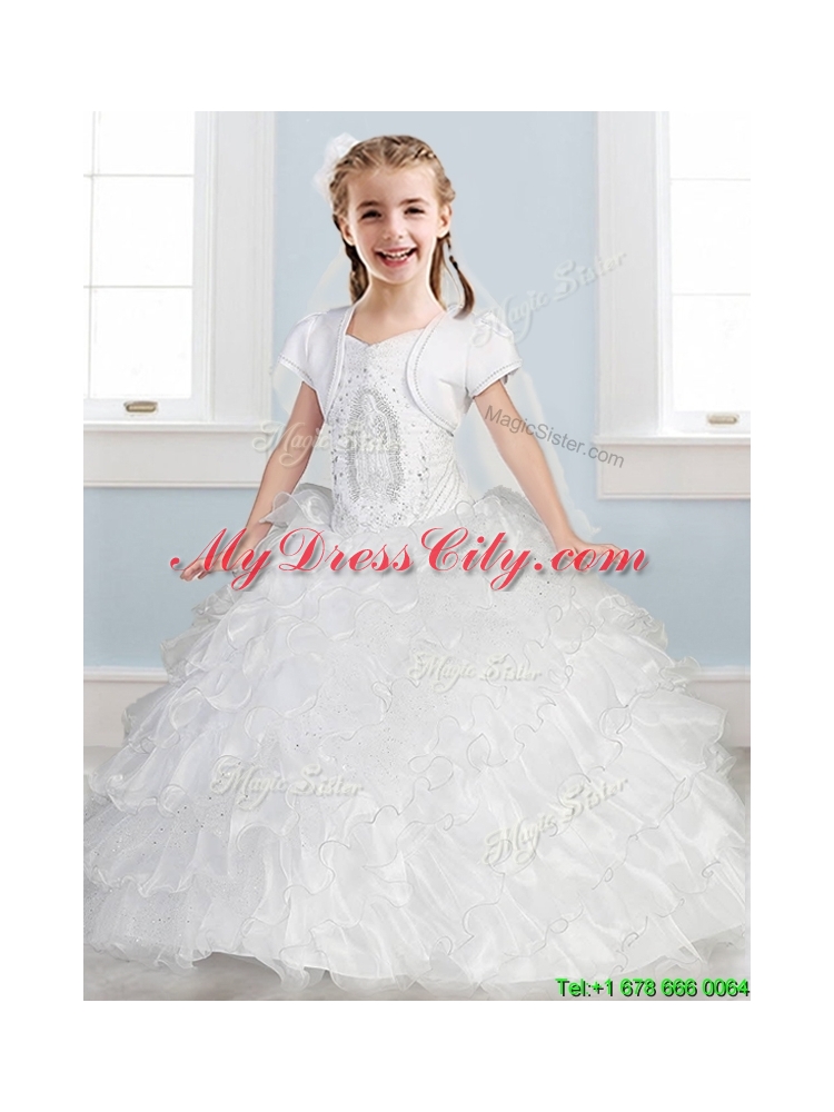 Affordable Spaghetti Straps Flower Girl Dress with Ruffled Layers and Embroidery