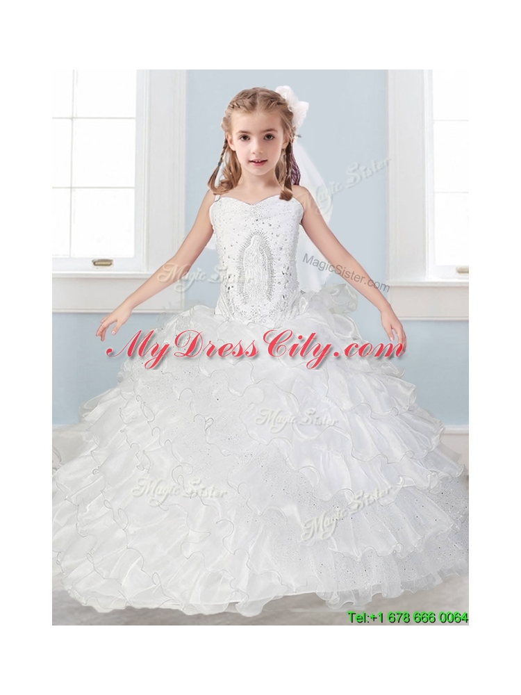 Affordable Spaghetti Straps Flower Girl Dress with Ruffled Layers and Embroidery