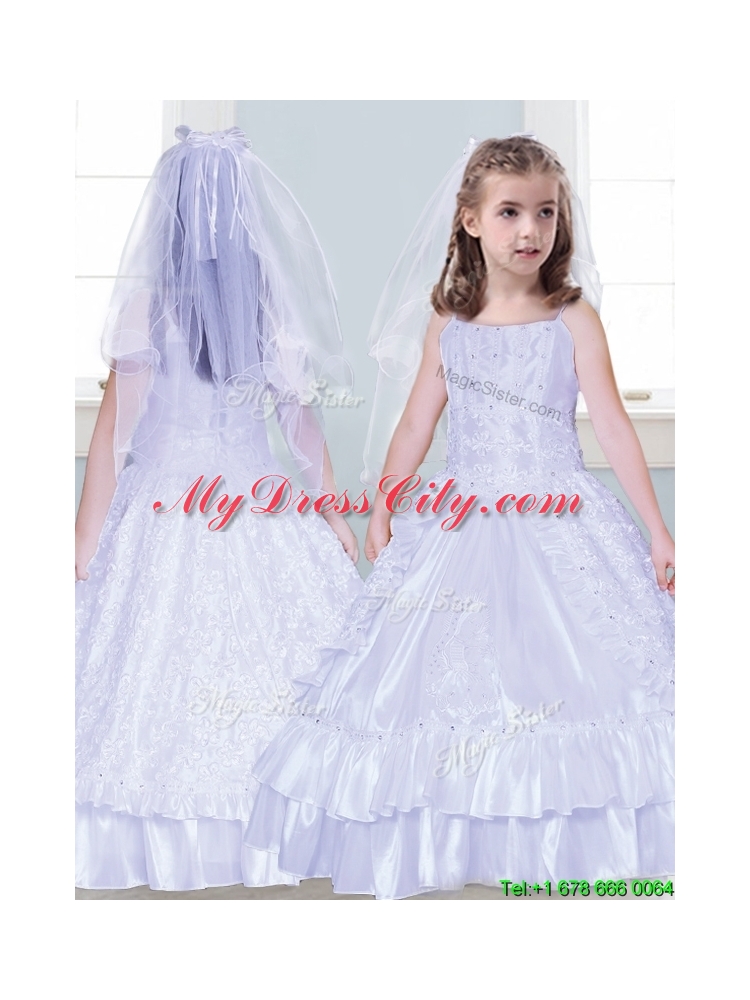 Classical Spaghetti Straps Taffeta Flower Girl Dress with Beading and Lace