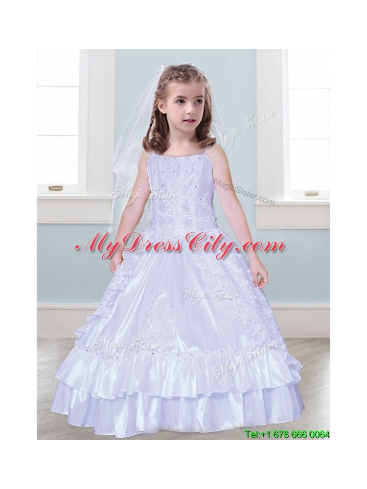 Classical Spaghetti Straps Taffeta Flower Girl Dress with Beading and Lace