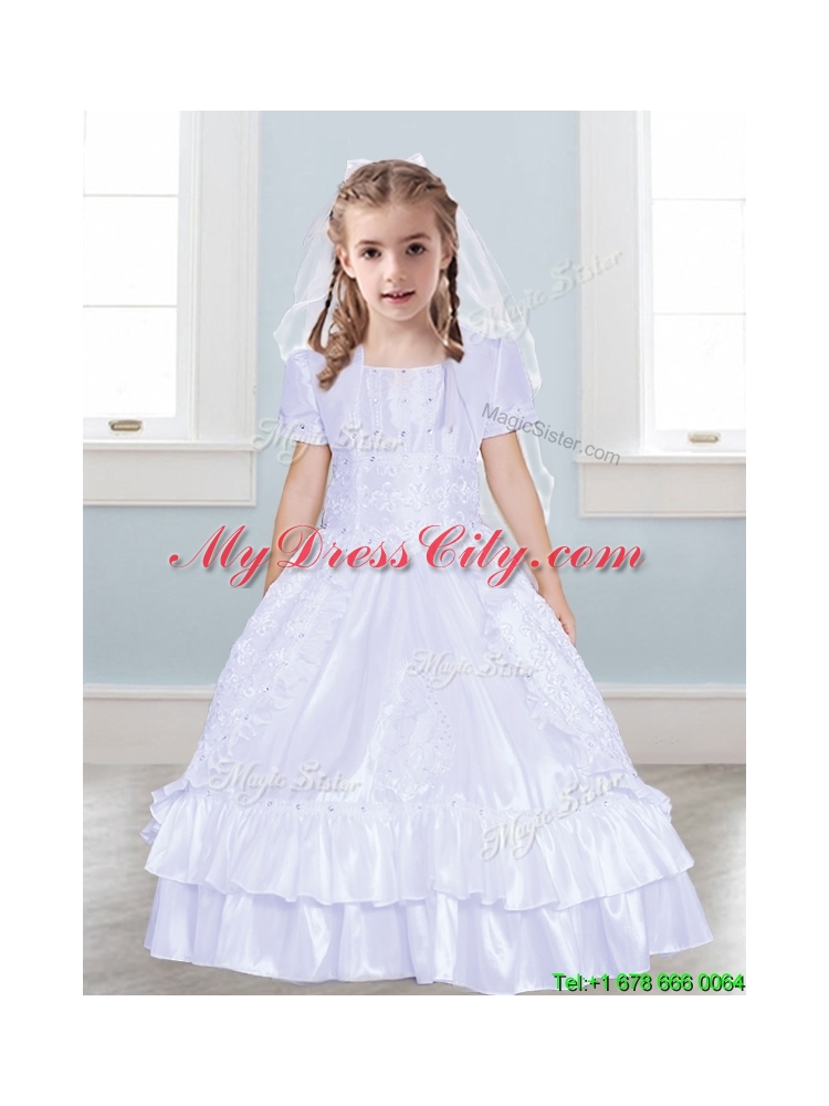 Classical Spaghetti Straps Taffeta Flower Girl Dress with Beading and Lace