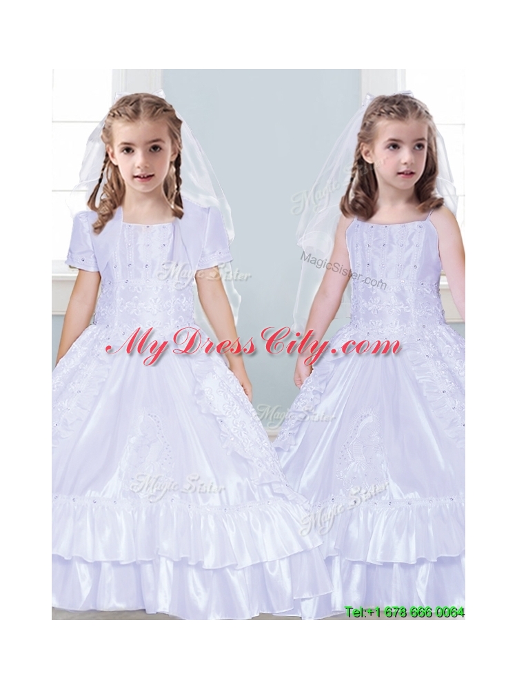 Classical Spaghetti Straps Taffeta Flower Girl Dress with Beading and Lace