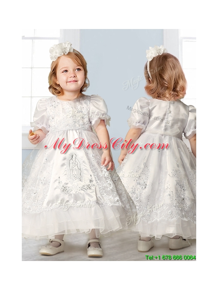 Discount Scoop Short Sleeves Flower Girl Dress with Embroidery and Lace