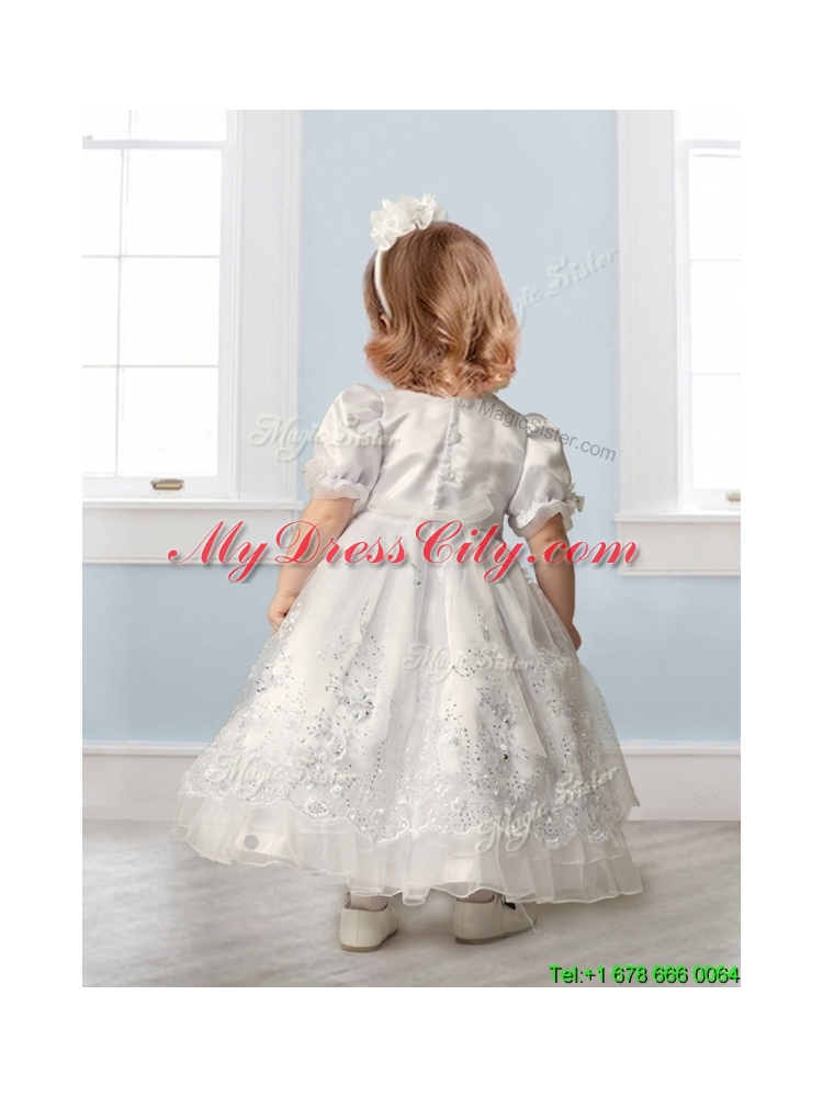 Discount Scoop Short Sleeves Flower Girl Dress with Embroidery and Lace