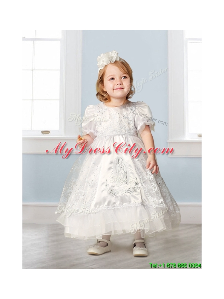 Discount Scoop Short Sleeves Flower Girl Dress with Embroidery and Lace