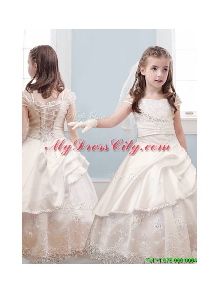 Fashionable Bateau Cap Sleeves Champagne Flower Girl Dress with Lace and Belt