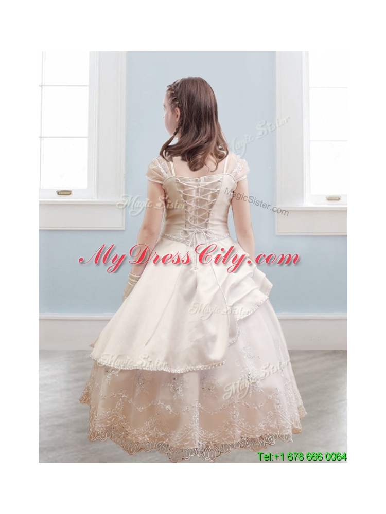 Fashionable Bateau Cap Sleeves Champagne Flower Girl Dress with Lace and Belt