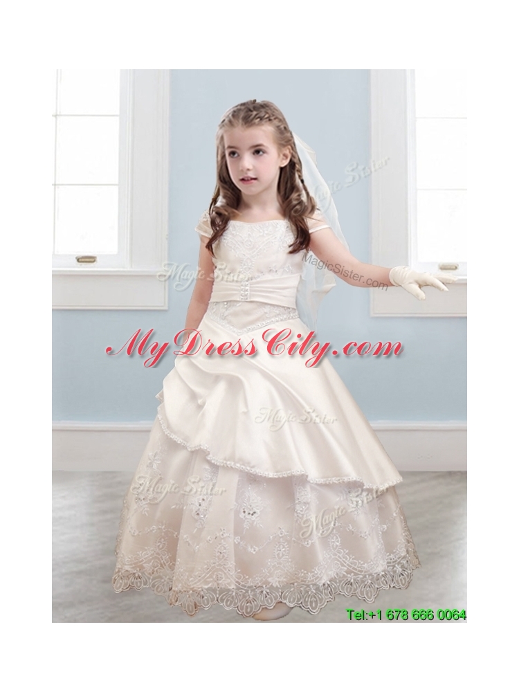 Fashionable Bateau Cap Sleeves Champagne Flower Girl Dress with Lace and Belt