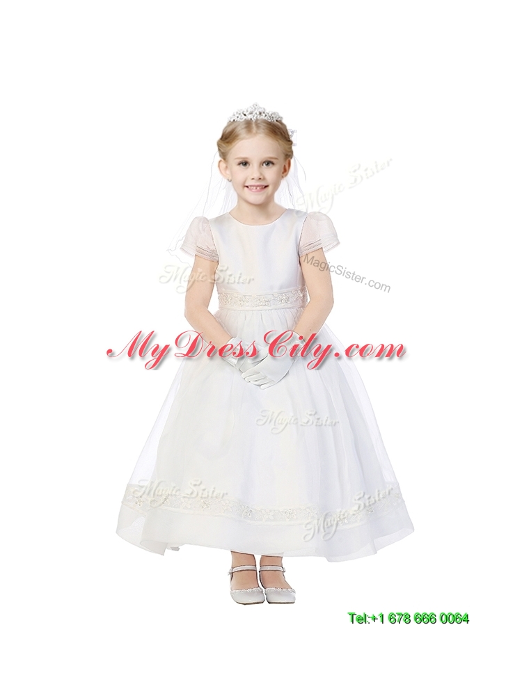 Latest Scoop Cap Sleeves Organza Flower Girl Dress with Appliques