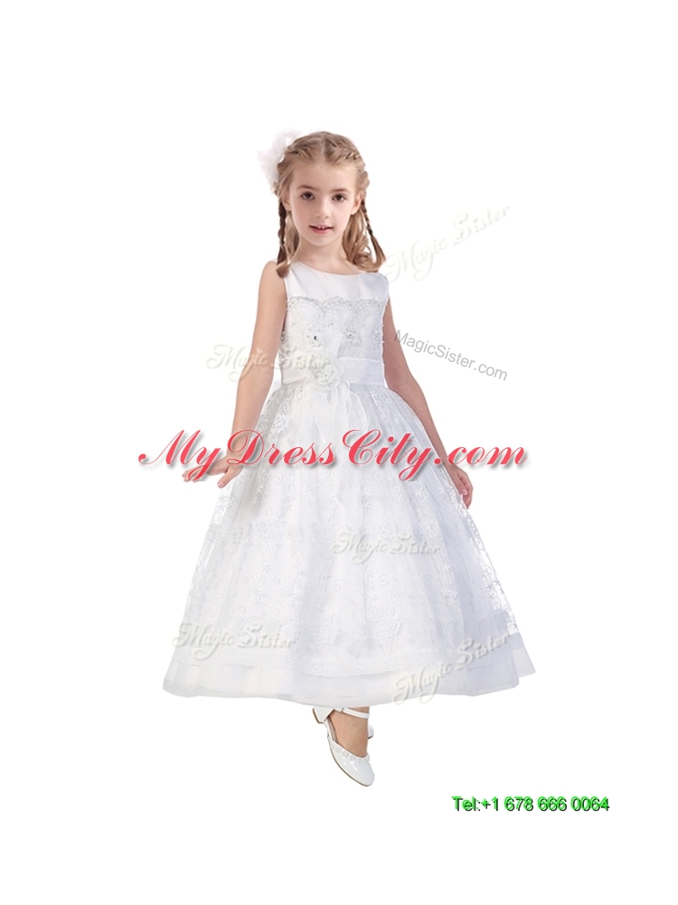 Lovely Scoop A Line Flower Girl Dress with Hand Made Flowers and Lace