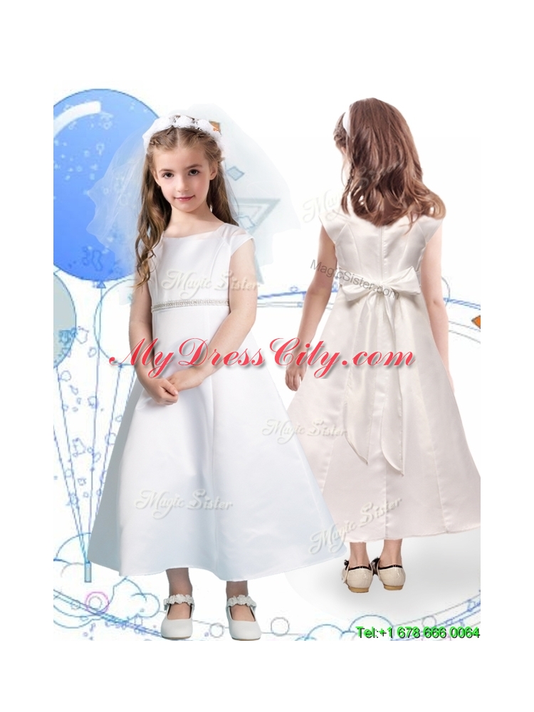 Modest Scoop Cap Sleeves Satin Flower Girl Dress with Sashes