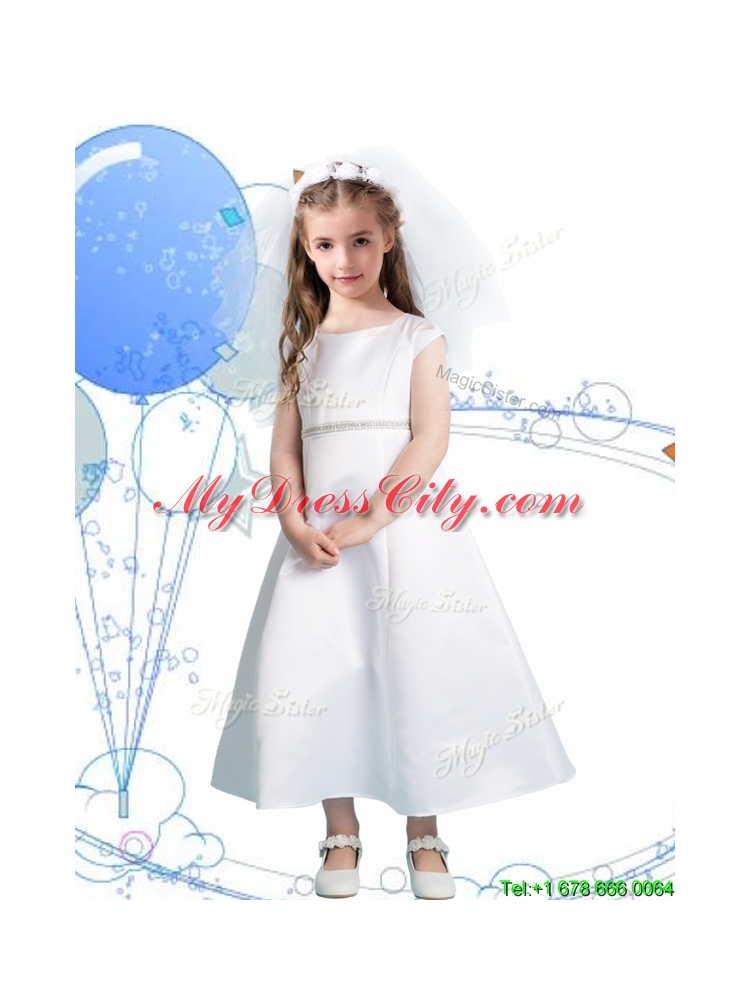 Modest Scoop Cap Sleeves Satin Flower Girl Dress with Sashes