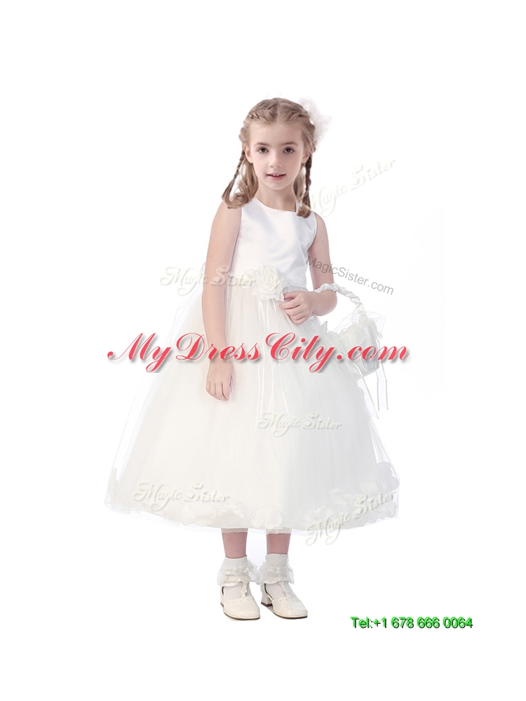 New Style Scoop Hand Made Flowers and Appliques Girls Party Dress in White