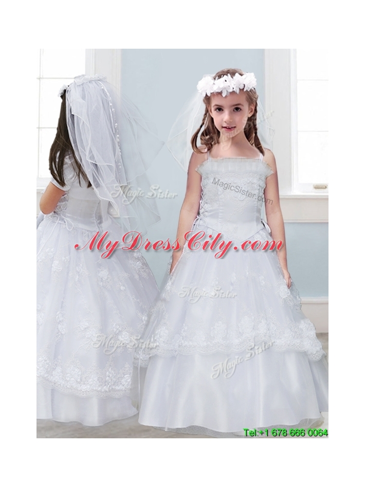 Perfect Laced Spaghetti Straps Tulle Flower Girl Dress in White