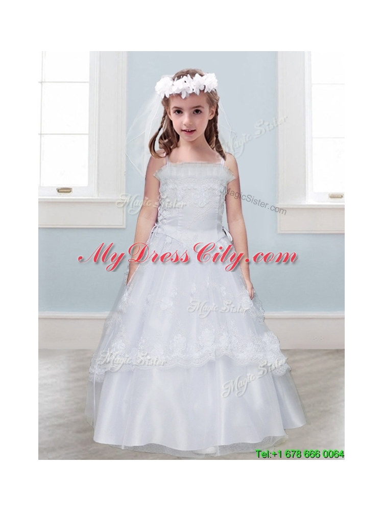 Perfect Laced Spaghetti Straps Tulle Flower Girl Dress in White