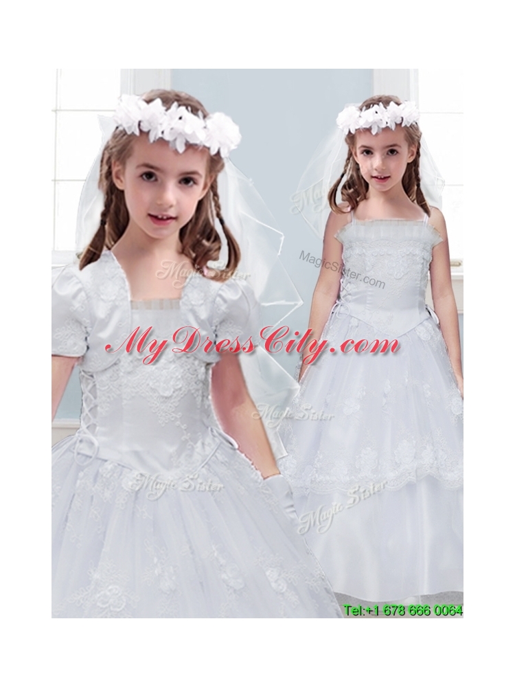 Perfect Laced Spaghetti Straps Tulle Flower Girl Dress in White