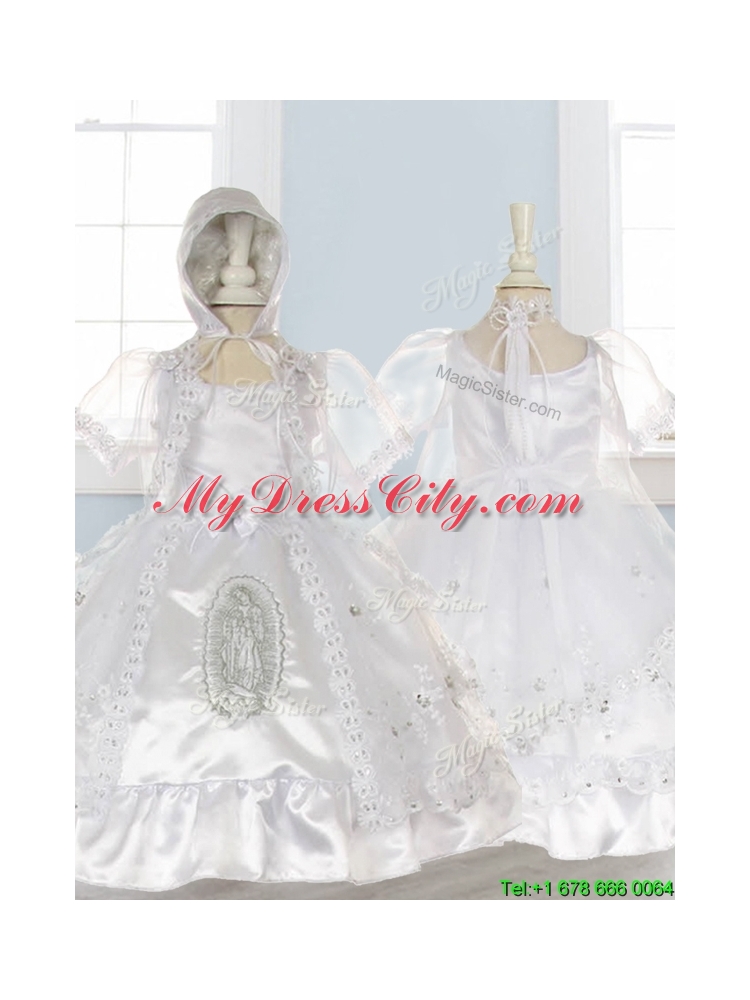 Perfect Scoop Short Sleeves Flower Girl Dress with Bowknot and Embroidery