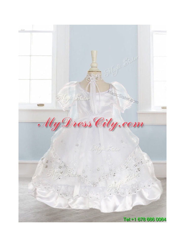 Perfect Scoop Short Sleeves Flower Girl Dress with Bowknot and Embroidery