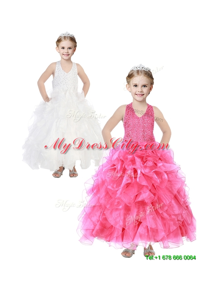 Popular V Neck Sequins and Ruffles Girls Party Dress in Organza