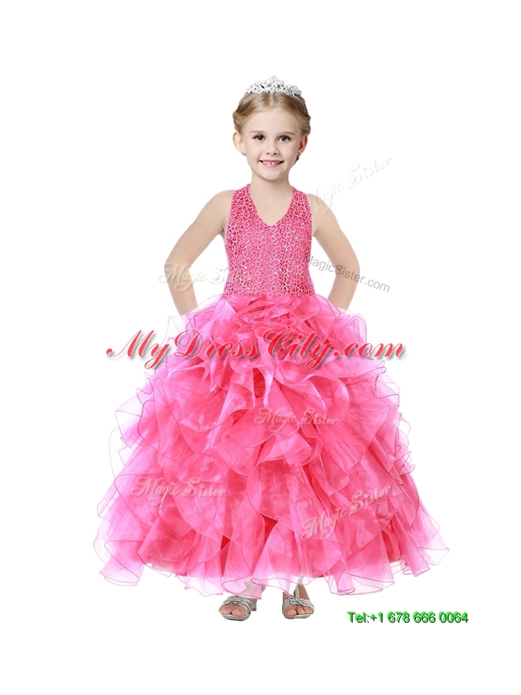 Popular V Neck Sequins and Ruffles Girls Party Dress in Organza