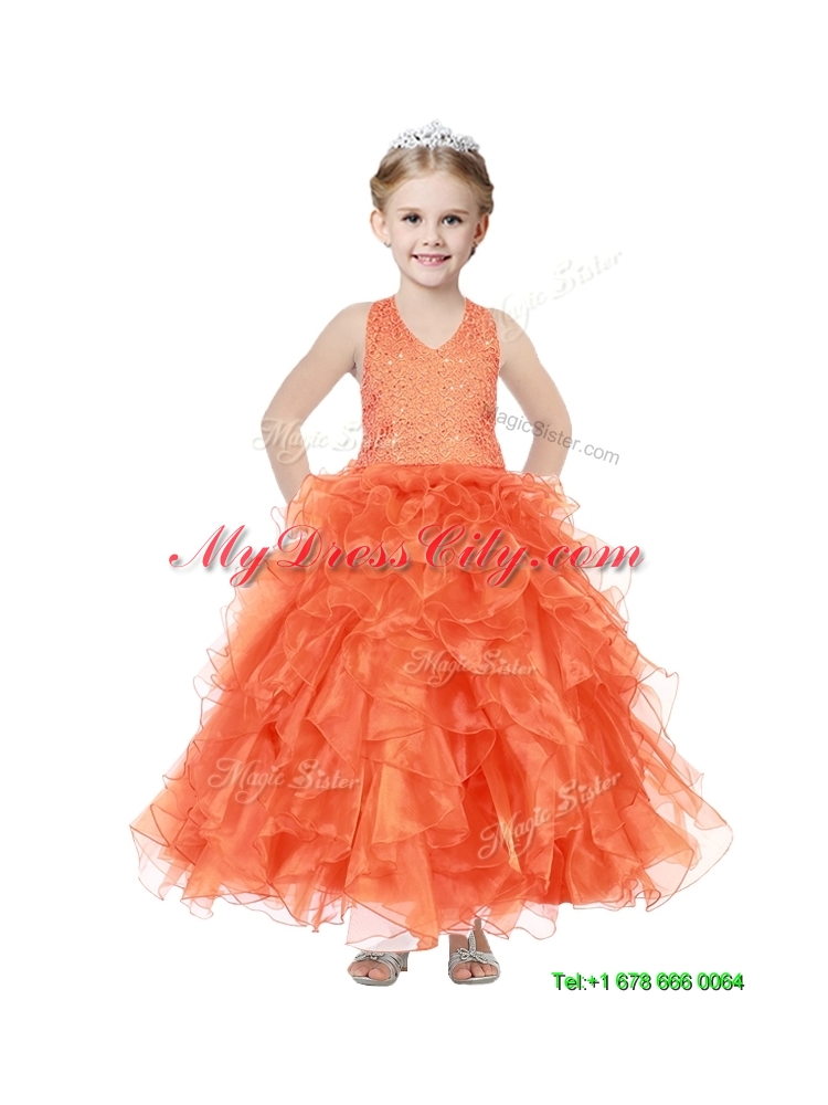 Popular V Neck Sequins and Ruffles Girls Party Dress in Organza