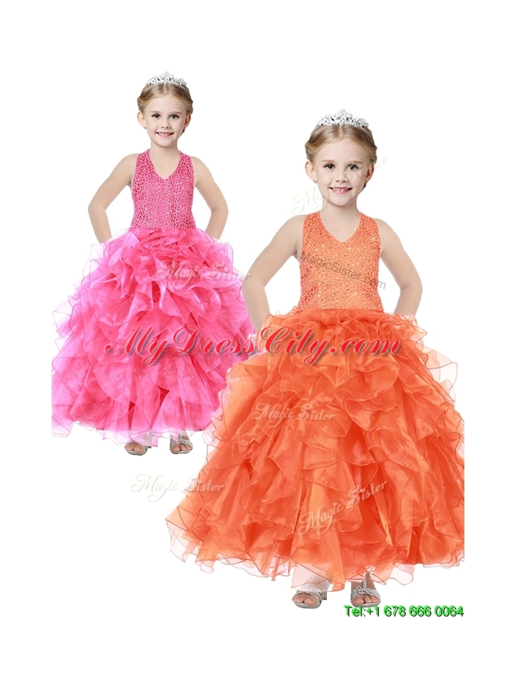 Popular V Neck Sequins and Ruffles Girls Party Dress in Organza