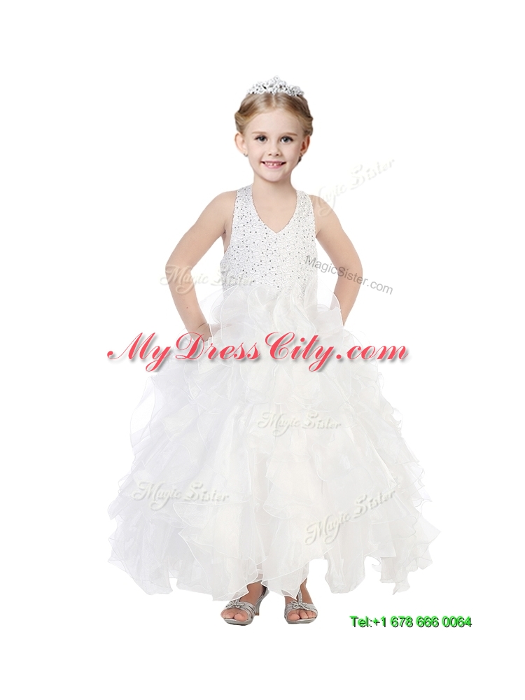 Popular V Neck Sequins and Ruffles Girls Party Dress in Organza