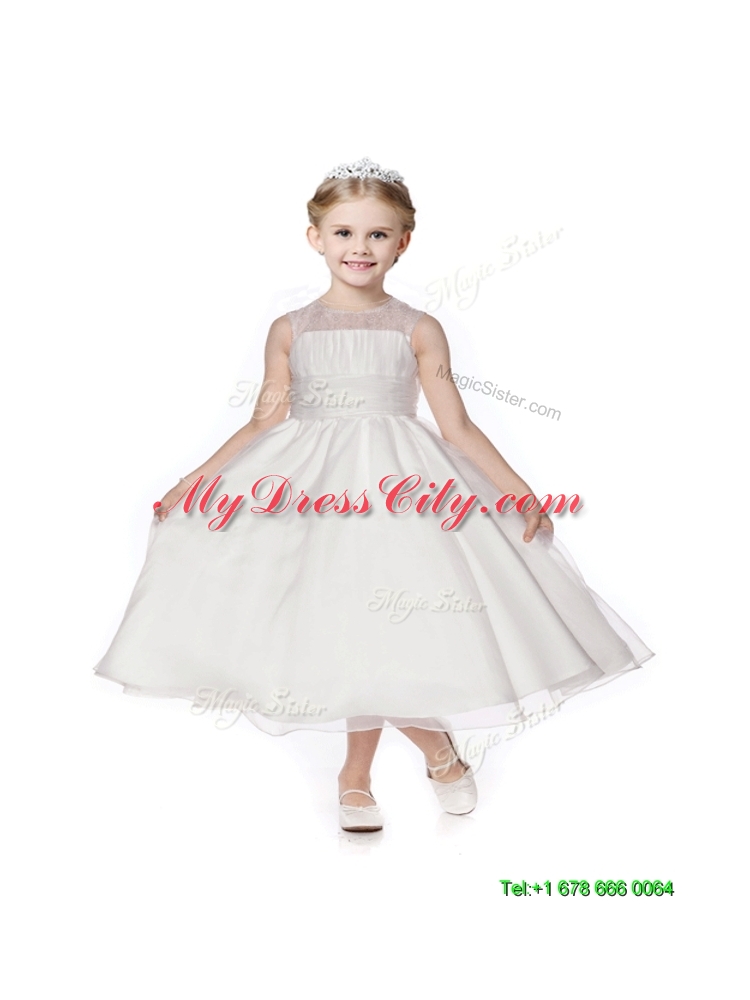 See Through Scoop Organza White Flower Girl Dress in Tea Length