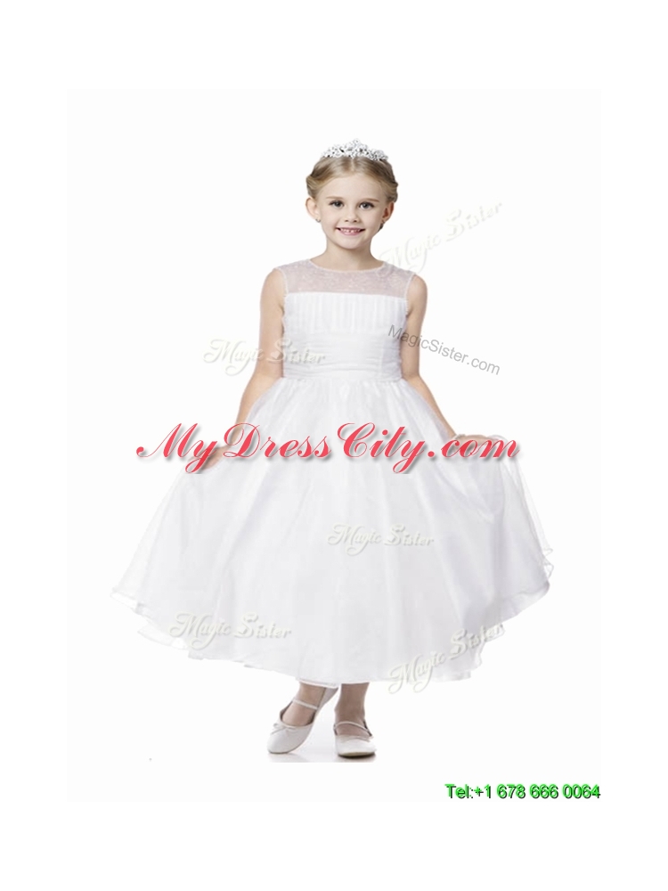 See Through Scoop Organza White Flower Girl Dress in Tea Length