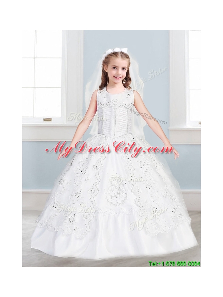 Sweet Scoop Big Puffy Flower Girl Dress with Lace and Embroidery