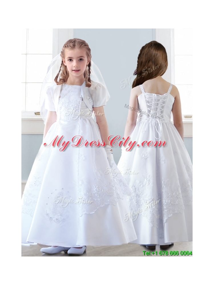 Top Selling Spaghetti Straps White Flower Girl Dress with Appliques