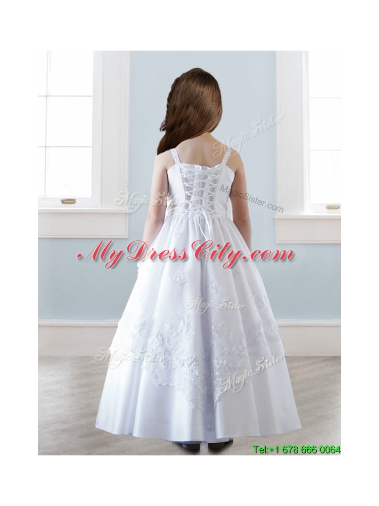 Top Selling Spaghetti Straps White Flower Girl Dress with Appliques