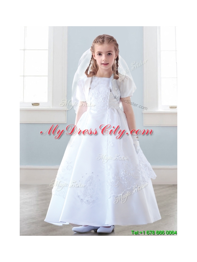 Top Selling Spaghetti Straps White Flower Girl Dress with Appliques