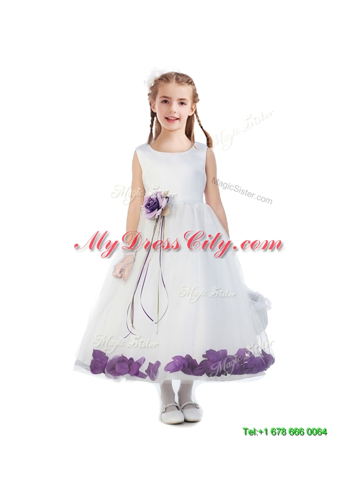 Elegant Hand Made Flowers and Applique Scoop Flower Girl Dress in White