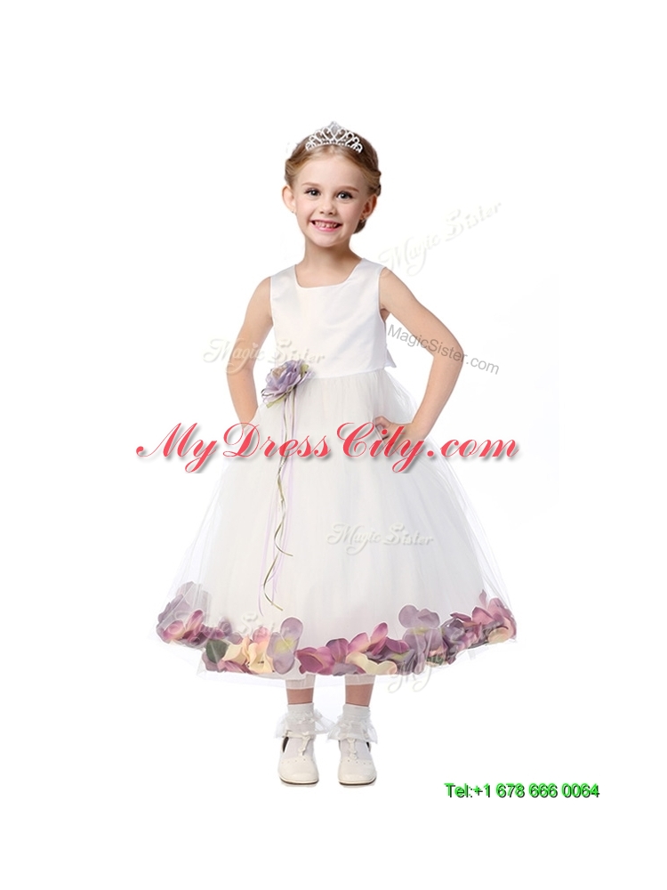 Elegant Hand Made Flowers and Applique Scoop Flower Girl Dress in White