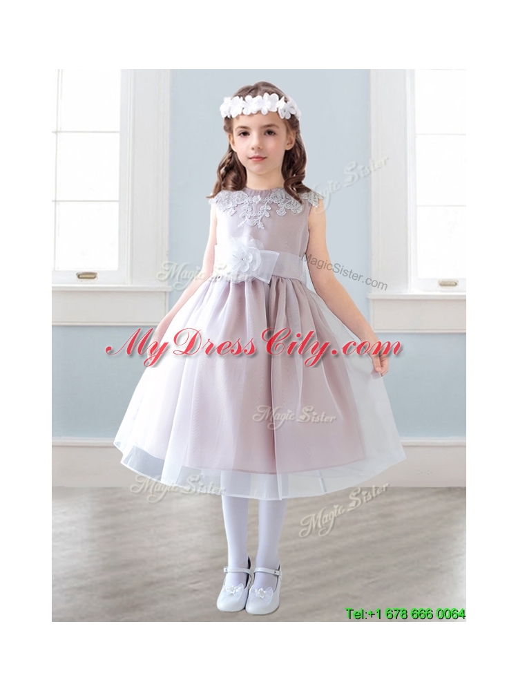 Elegant Scoop Tea Mini Quinceanera Dress with Appliques and Hand Made Flowers