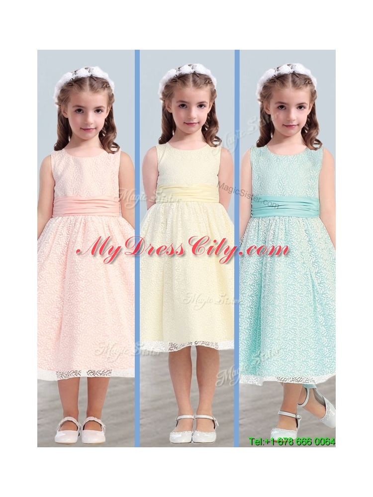 New Style Scoop Flower Girl Dress with Lace and Belt