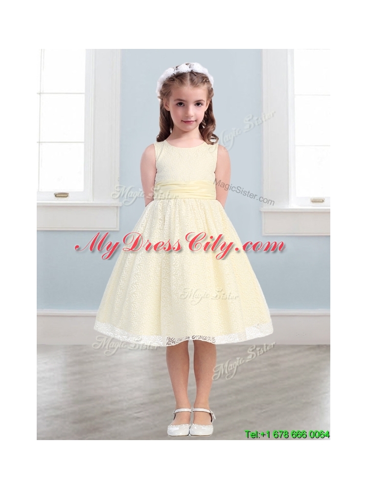 New Style Scoop Flower Girl Dress with Lace and Belt