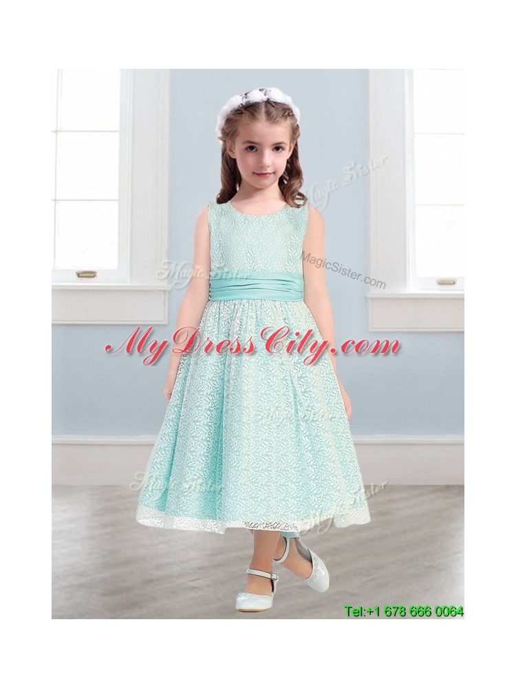 New Style Scoop Flower Girl Dress with Lace and Belt