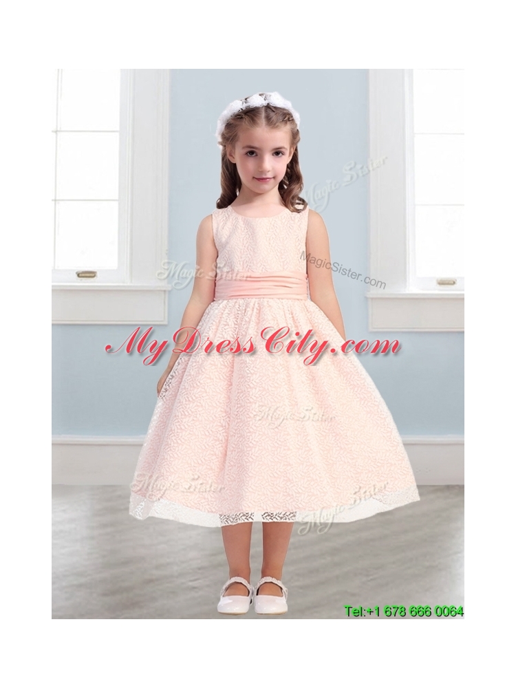 New Style Scoop Flower Girl Dress with Lace and Belt