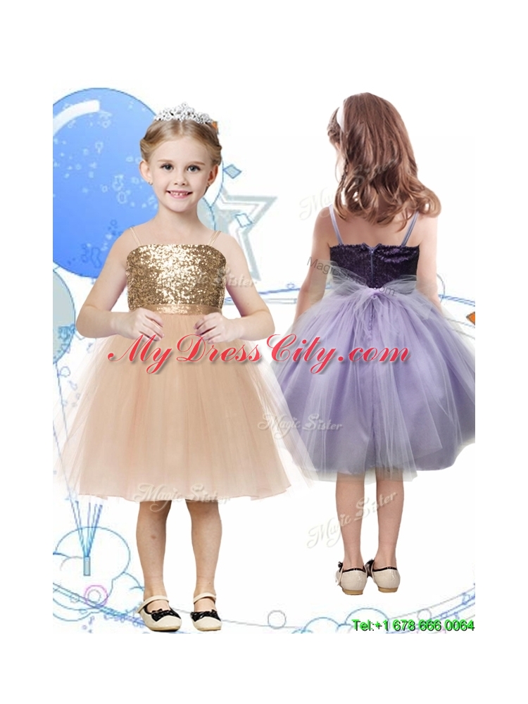 Perfect Spaghetti Straps Sashes and Sequins Flower Girl Dress in Champagne