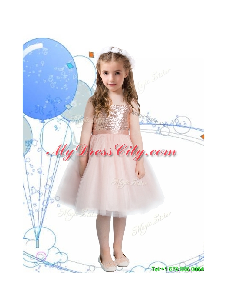 Perfect Spaghetti Straps Sashes and Sequins Flower Girl Dress in Champagne