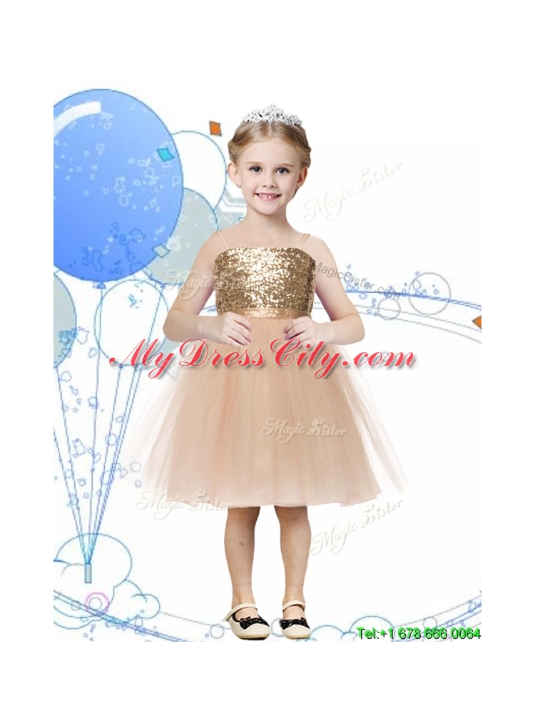 Perfect Spaghetti Straps Sashes and Sequins Flower Girl Dress in Champagne