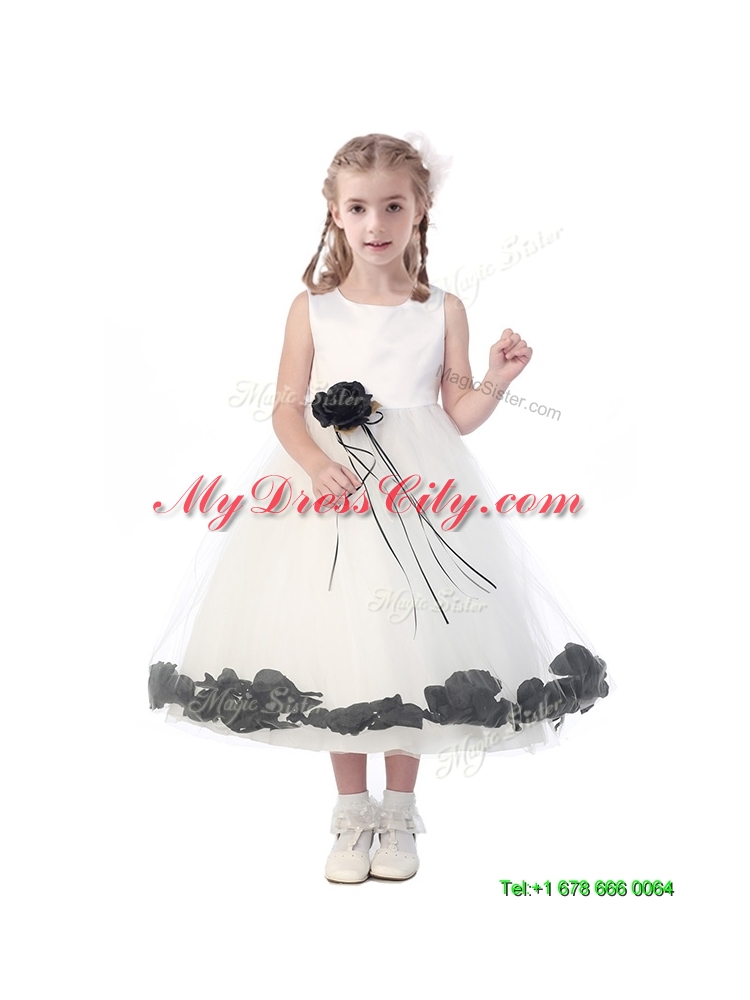 Romantic Scoop Flower Girl Dress with Hand Made Flowers and Appliques