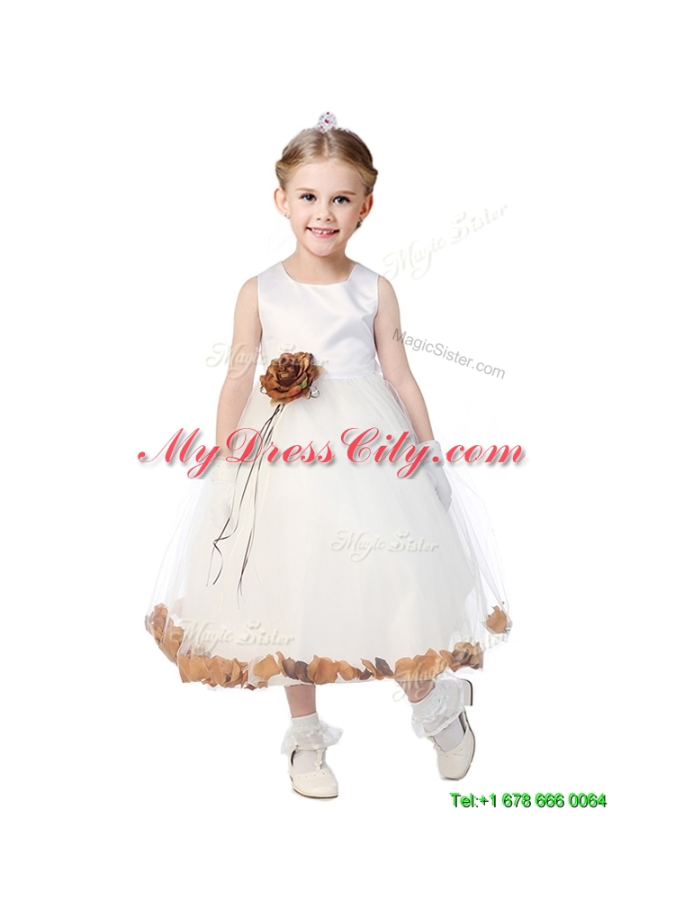 Romantic Scoop Flower Girl Dress with Hand Made Flowers and Appliques